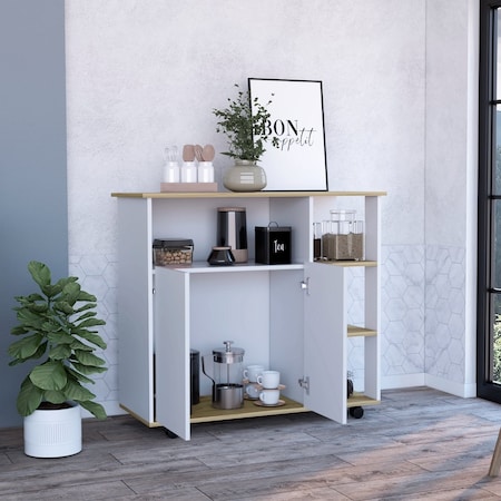 Tuhome Paprika Kitchen Cart, Four Casters, Four Open Shelves, Double Door Cabinet, Light Oak/White MDB7166